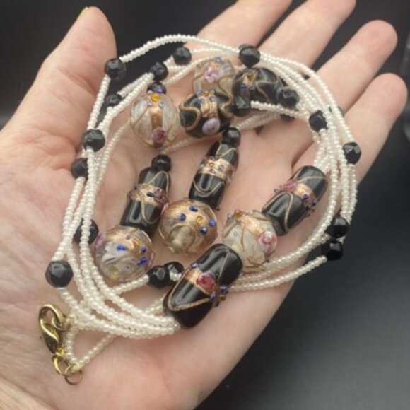 Handmade Wedding Cake Glass Bead Necklace 22" + 7" Drop B&W Multicolor Granny - Picture 8 of 8